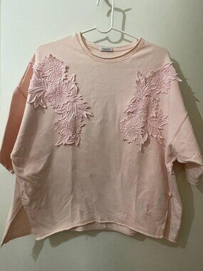 P.A.R.O.S.H. Pale Pink Lace Applique Short Sleeve Top - XS